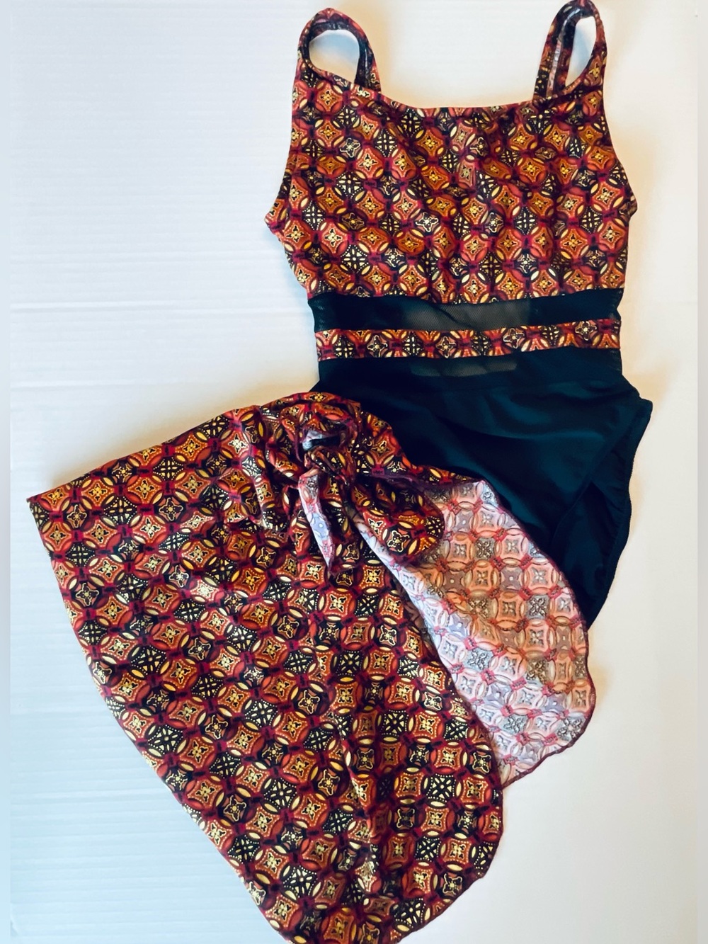 Women’s Bolero Brand One Piece Rust/Gold/Black Swimsuit with Sarong Wrap Size 8